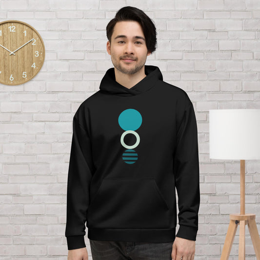Black hoodie featuring a bold teal and white circular geometric design, with a front pocket and adjustable metal-tipped drawstring hood—modern, stylish, and perfect for everyday wear.
