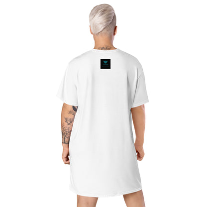 White t-shirt dress featuring a bold graphic design with sunglasses, a pink polka-dot headscarf, red lips, and a wine-pouring illustration—effortless, stylish, and perfect for confident fashion.