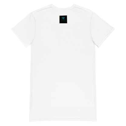 White t-shirt dress featuring a bold graphic design with sunglasses, a pink polka-dot headscarf, red lips, and a wine-pouring illustration—effortless, stylish, and perfect for confident fashion.