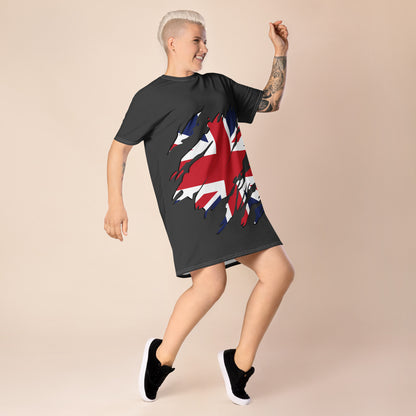 Grey oversized t-shirt dress featuring a bold United Kingdom flag graphic, worn with black sneakers—stylish, edgy, and perfect for casual streetwear.