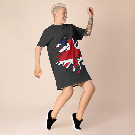 Grey oversized t-shirt dress featuring a bold United Kingdom flag graphic, worn with black sneakers—stylish, edgy, and perfect for casual streetwear.