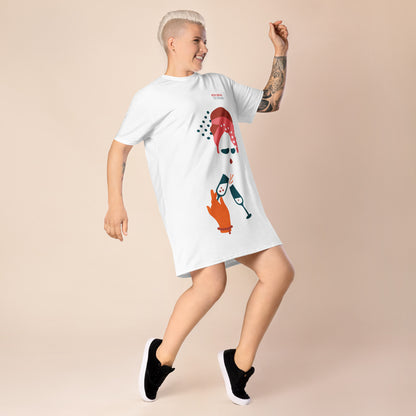 White t-shirt dress featuring a bold graphic design with sunglasses, a pink polka-dot headscarf, red lips, and a wine-pouring illustration—effortless, stylish, and perfect for confident fashion.