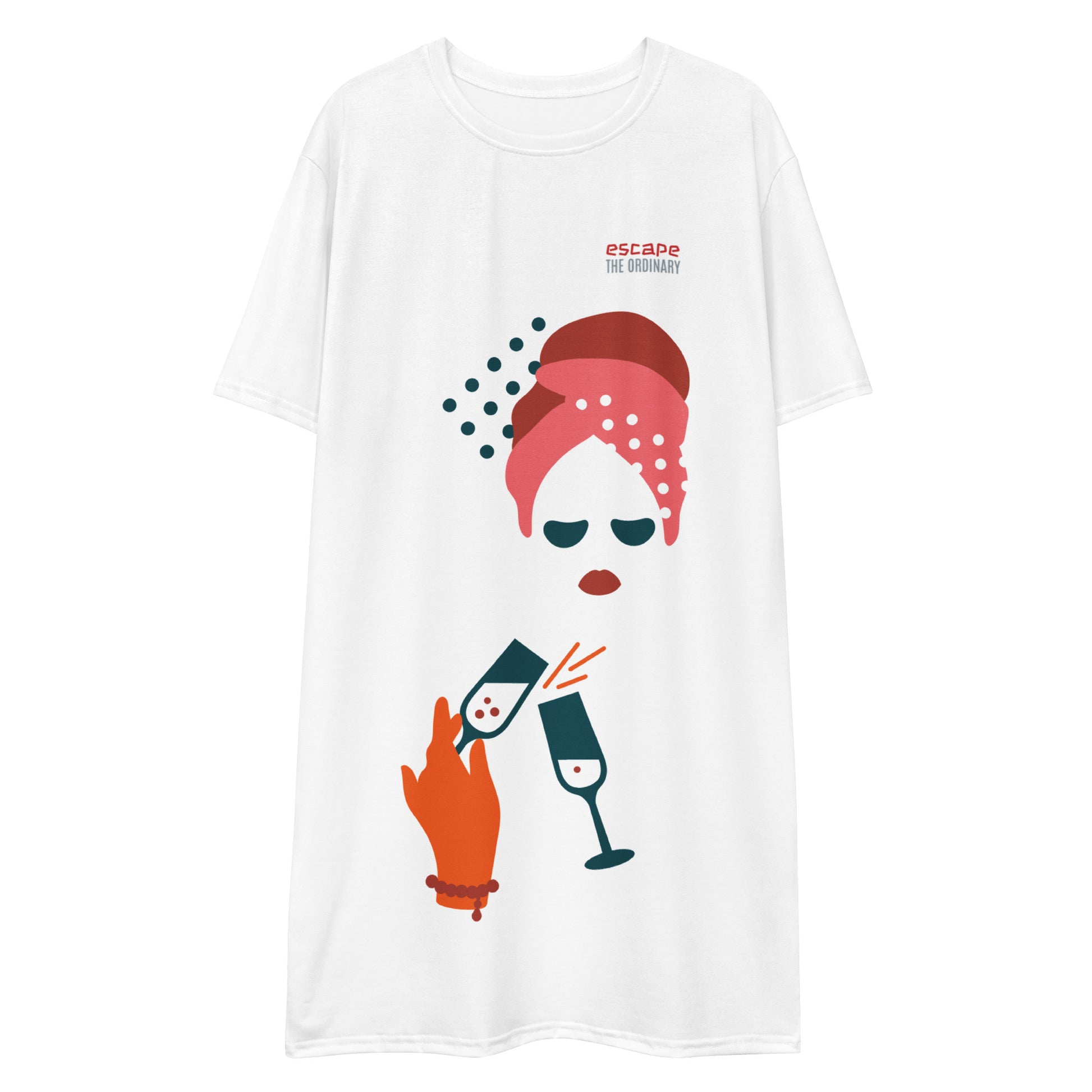 White t-shirt dress featuring a bold graphic design with sunglasses, a pink polka-dot headscarf, red lips, and a wine-pouring illustration—effortless, stylish, and perfect for confident fashion.