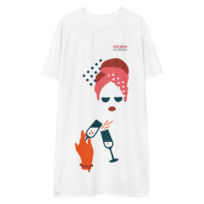 White t-shirt dress featuring a bold graphic design with sunglasses, a pink polka-dot headscarf, red lips, and a wine-pouring illustration—effortless, stylish, and perfect for confident fashion.