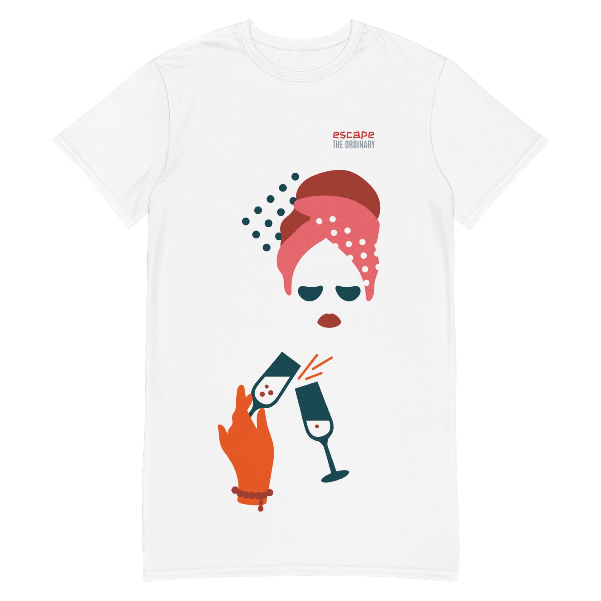 White t-shirt dress featuring a bold graphic design with sunglasses, a pink polka-dot headscarf, red lips, and a wine-pouring illustration—effortless, stylish, and perfect for confident fashion.