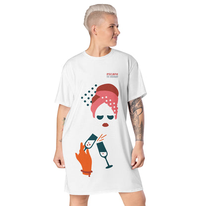 White t-shirt dress featuring a bold graphic design with sunglasses, a pink polka-dot headscarf, red lips, and a wine-pouring illustration—effortless, stylish, and perfect for confident fashion.