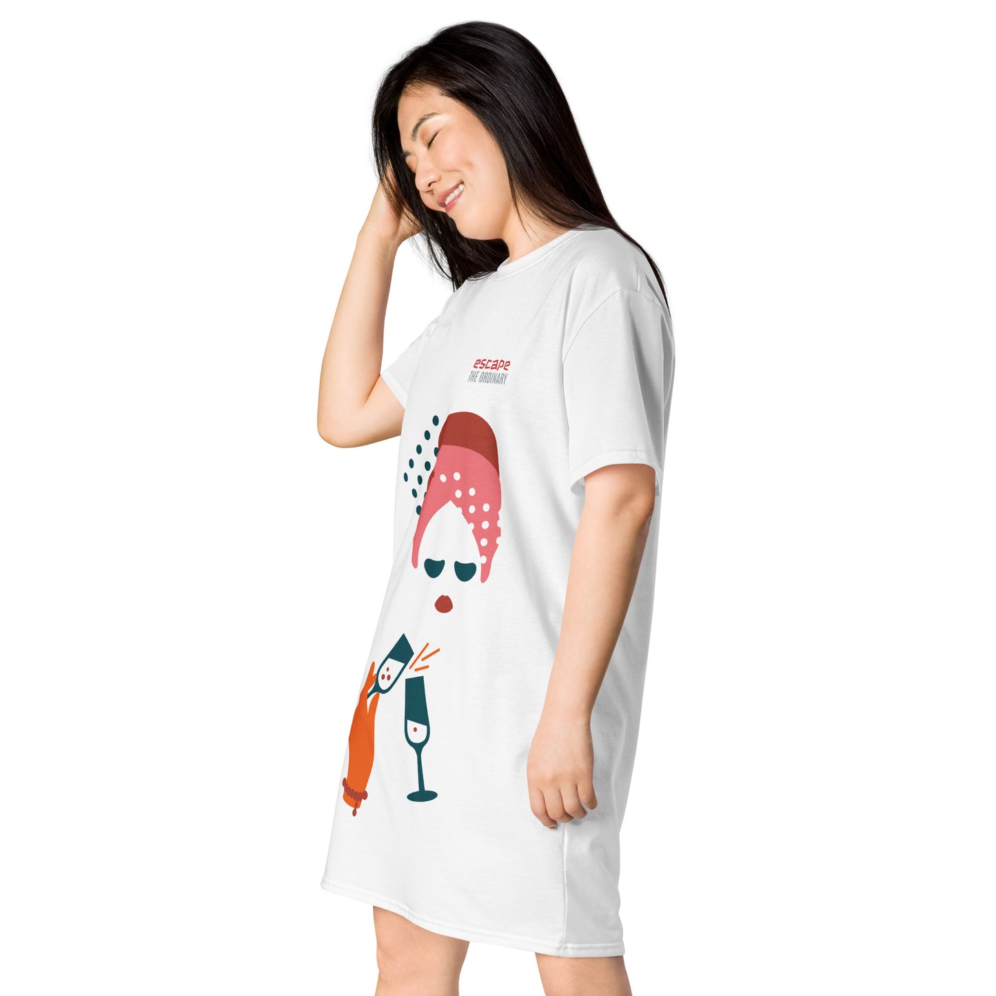 White t-shirt dress featuring a bold graphic design with sunglasses, a pink polka-dot headscarf, red lips, and a wine-pouring illustration—effortless, stylish, and perfect for confident fashion.