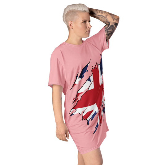 Pink oversized t-shirt dress featuring a distressed Union Jack graphic on the front, paired with black boots—stylish, edgy, and perfect for casual streetwear.