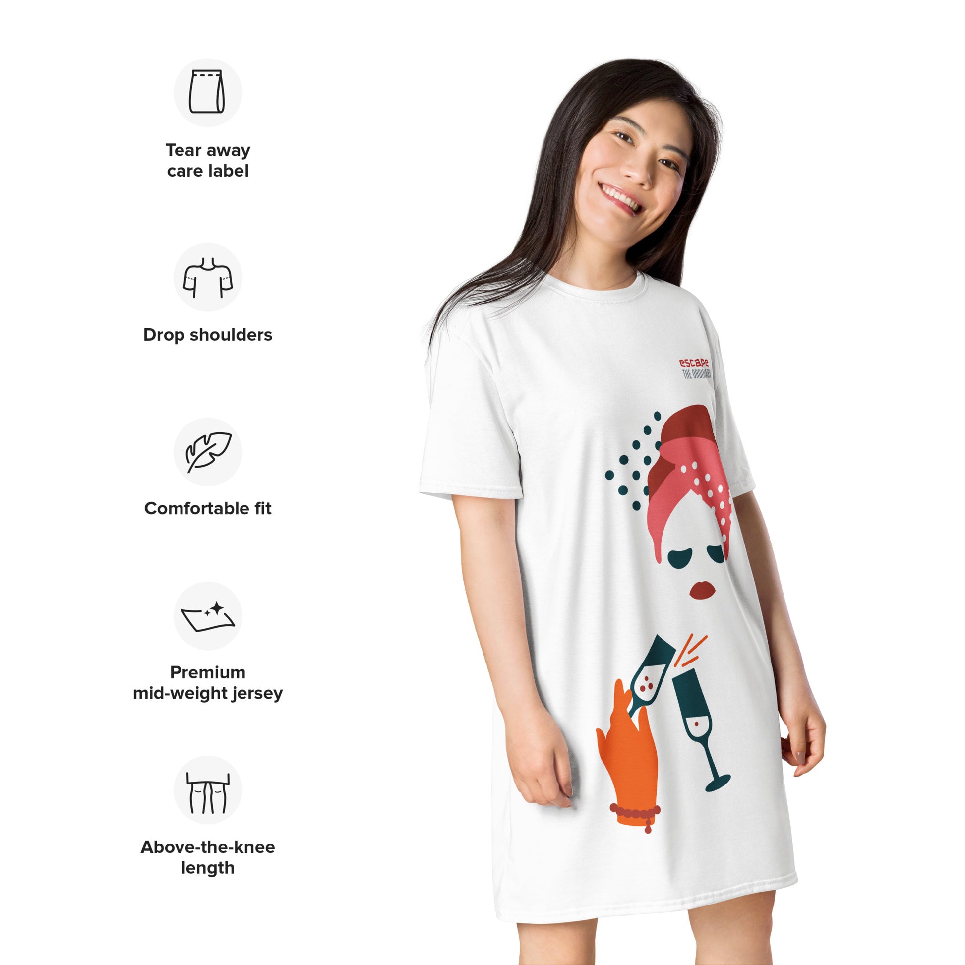 White t-shirt dress featuring a bold graphic design with sunglasses, a pink polka-dot headscarf, red lips, and a wine-pouring illustration—effortless, stylish, and perfect for confident fashion.