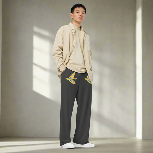 Gray Bird Print unisex wide-leg pants