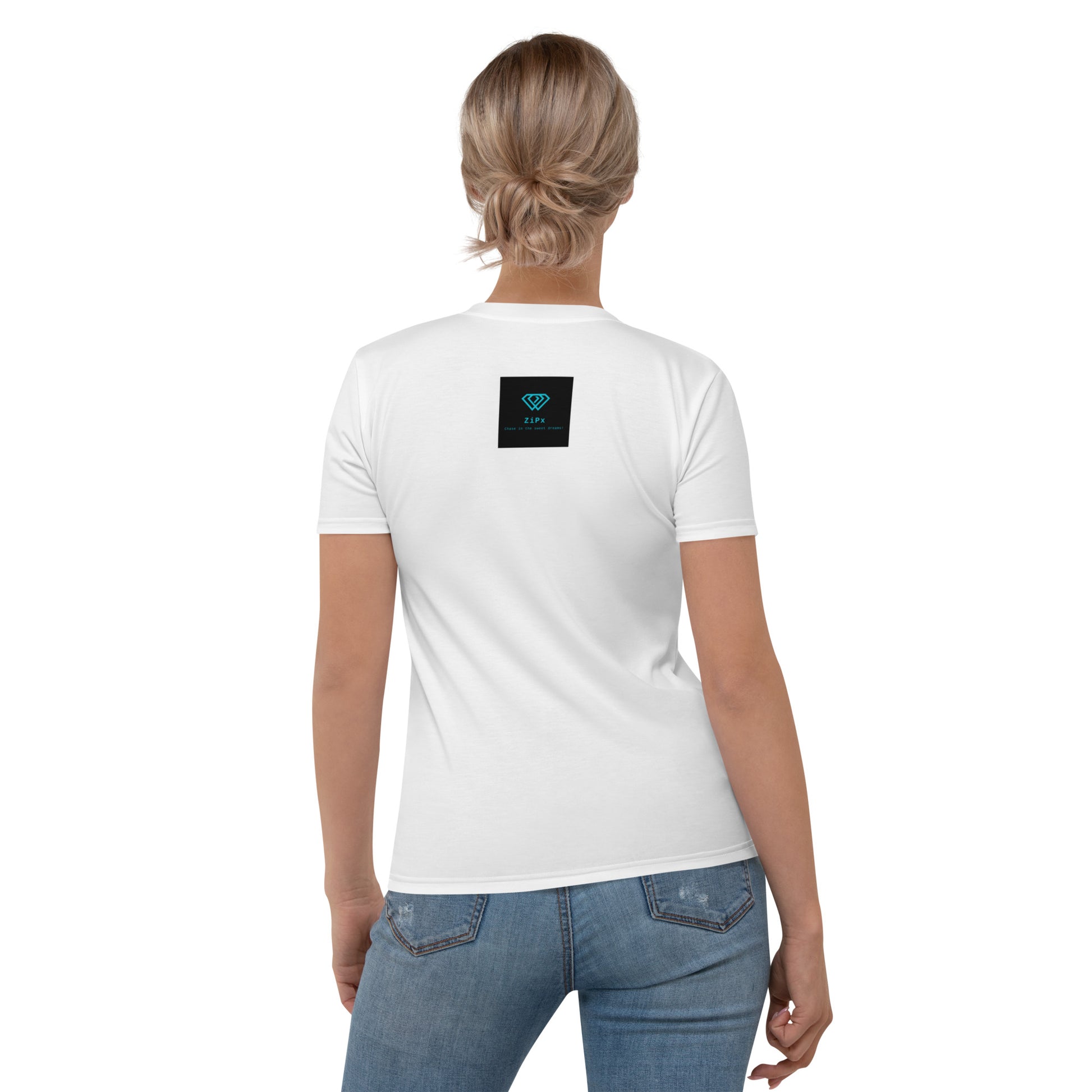 White t-shirt featuring a bold stylized lips and cherry graphic in red, paired with blue jeans—playful, stylish, and perfect for casual wear.