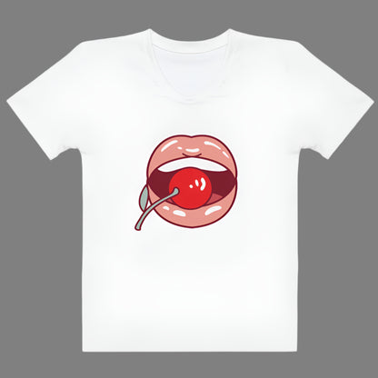White t-shirt featuring a bold stylized lips and cherry graphic in red, paired with blue jeans—playful, stylish, and perfect for casual wear.