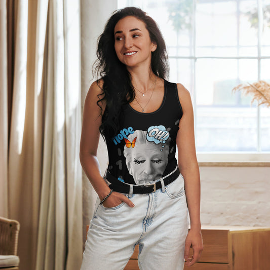 Black sleeveless tank top featuring a quirky cartoon of Einstein sticking his tongue out with exaggerated eyelashes, alongside playful ‘OH!’ and ‘nope’ text—funny, stylish, and perfect for casual wear.