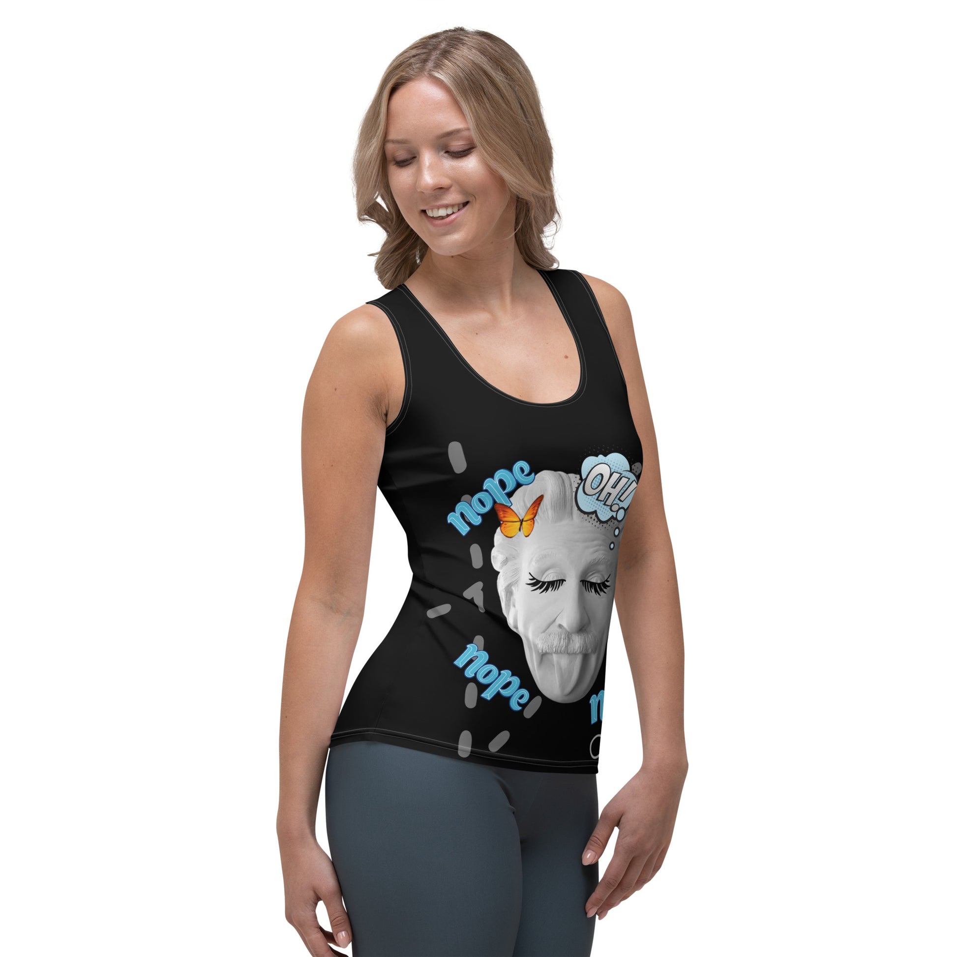 Black sleeveless tank top featuring a quirky cartoon of Einstein sticking his tongue out with exaggerated eyelashes, alongside playful ‘OH!’ and ‘nope’ text—funny, stylish, and perfect for casual wear.