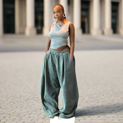 Soft Corduroy Wide-Leg Pants – Cozy Elastic Waist Trousers for Effortless Everyday Style ZIPPX