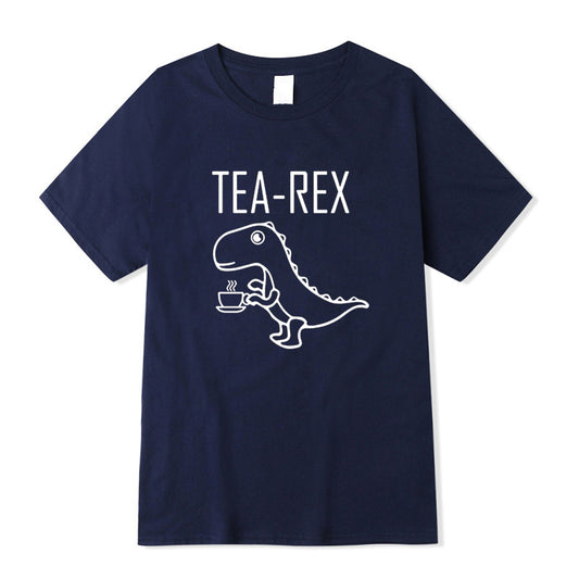 Navy blue graphic t-shirt featuring a cartoon dinosaur holding a steaming cup of tea, with bold white ‘TEA-REX’ lettering above—funny, stylish, and perfect for tea lovers.