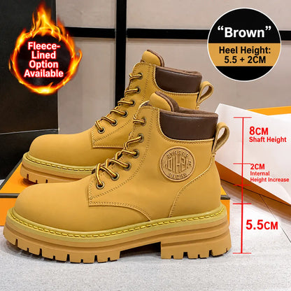 A pair of tan lace-up boots with brown collar lining and a chunky lug sole, shown on a display surface with promotional text overlays detailing heel height, shaft height, and fleece-lined option availability.