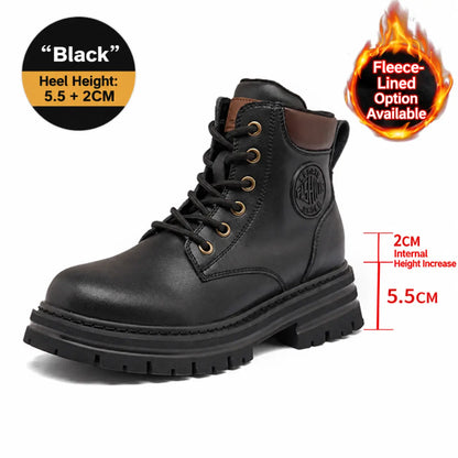 A black leather lace-up ankle boot with a chunky lug sole, shown on a white background with informational graphics. The graphic includes a black circle stating 'Black Heel Height: 5.
