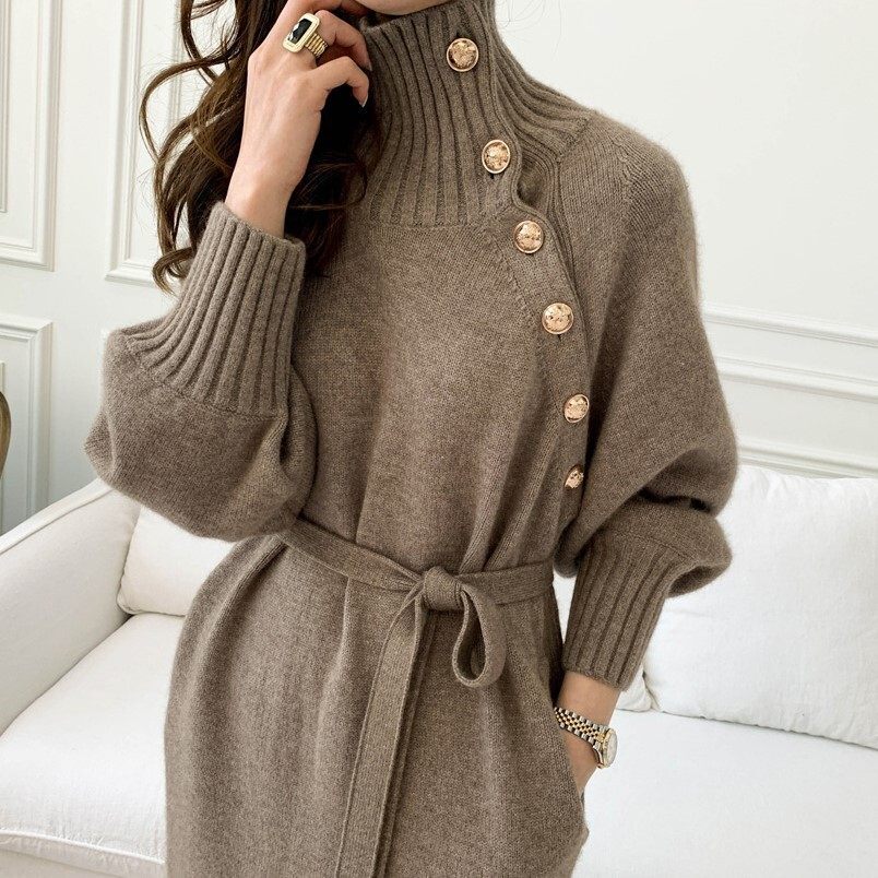 Women&#039;s loose and thin turtleneck sweater waist knit dress