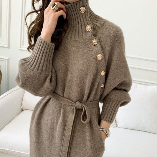 Women&#039;s loose and thin turtleneck sweater waist knit dress