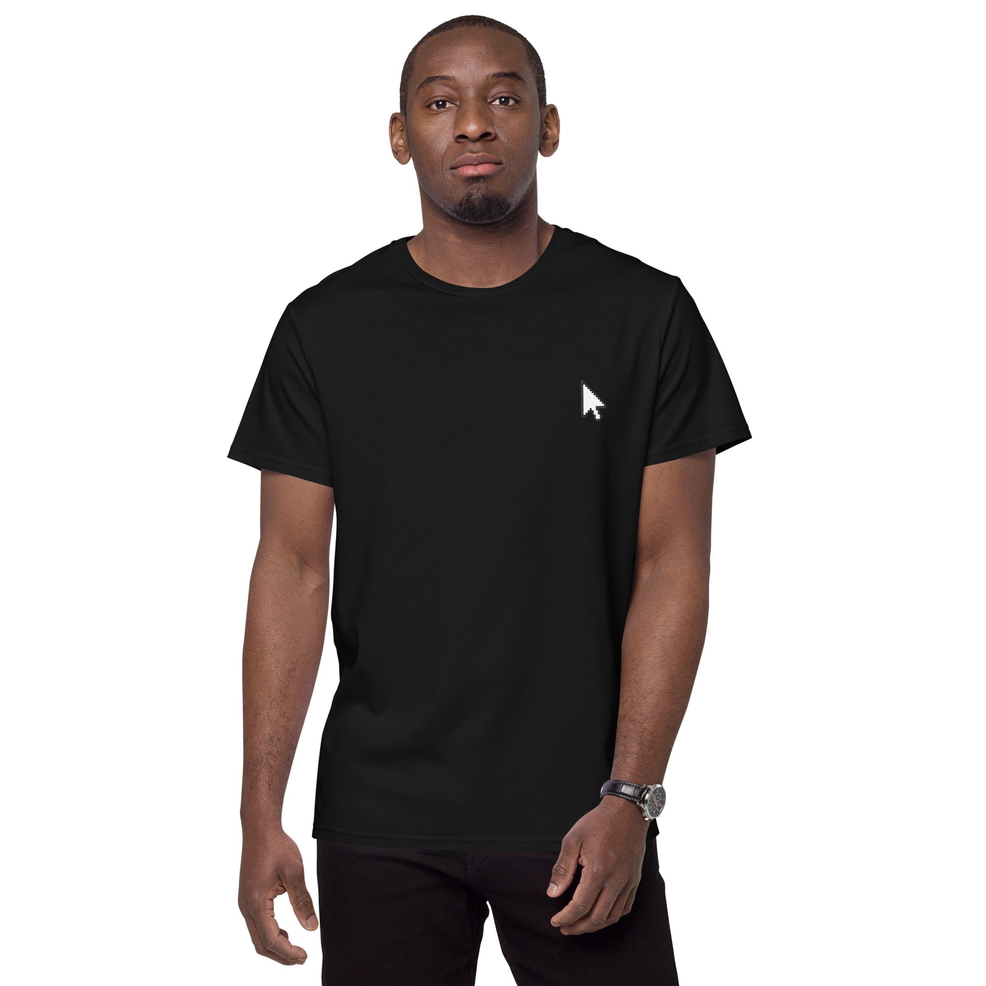 Black t-shirt featuring a small white cursor arrow graphic on the left side of the chest—minimalist, stylish, and perfect for casual wear.