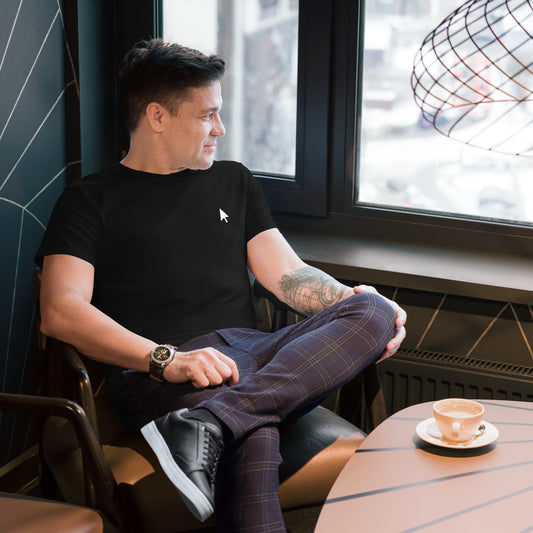 Black t-shirt featuring a small white cursor arrow graphic on the left side of the chest—minimalist, stylish, and perfect for casual wear.