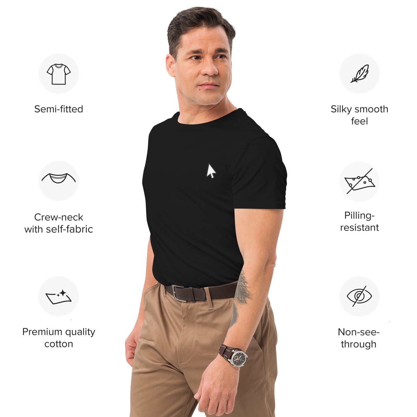 Black t-shirt featuring a small white cursor arrow graphic on the left side of the chest—minimalist, stylish, and perfect for casual wear.
