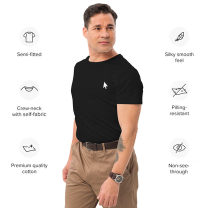 Black t-shirt featuring a small white cursor arrow graphic on the left side of the chest—minimalist, stylish, and perfect for casual wear.