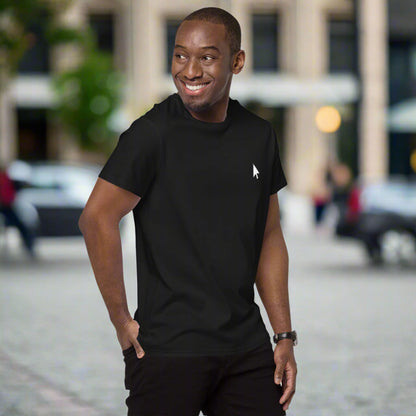 Black t-shirt featuring a small white cursor arrow graphic on the left side of the chest—minimalist, stylish, and perfect for casual wear.