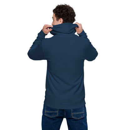 Person wearing a black zip-up hoodie featuring brushed fleece inside, kangaroo pockets, and a hood with matching drawstrings, paired with blue jeans—modern, comfortable, and perfect for athleisure styling.