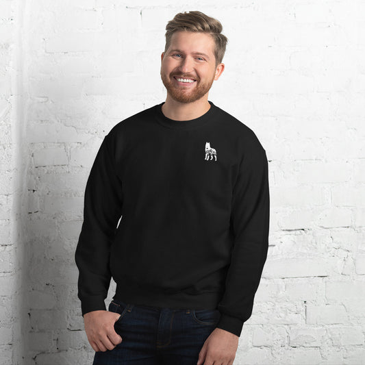 Black sweatshirt featuring a small white embroidered wolf design on the left side of the chest—casual, cozy, and available in multiple colors except white.