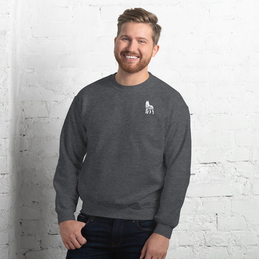 Grey sweatshirt featuring a small white embroidered wolf design on the left side of the chest—casual, cozy, and available in multiple colors except white.