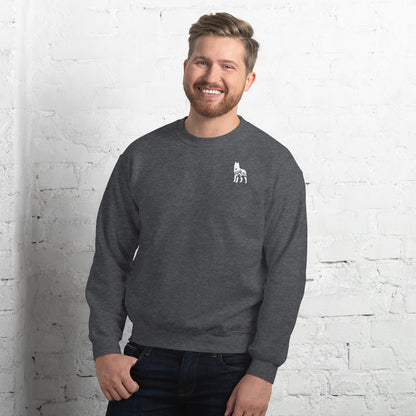 Grey sweatshirt featuring a small white embroidered wolf design on the left side of the chest—casual, cozy, and available in multiple colors except white.