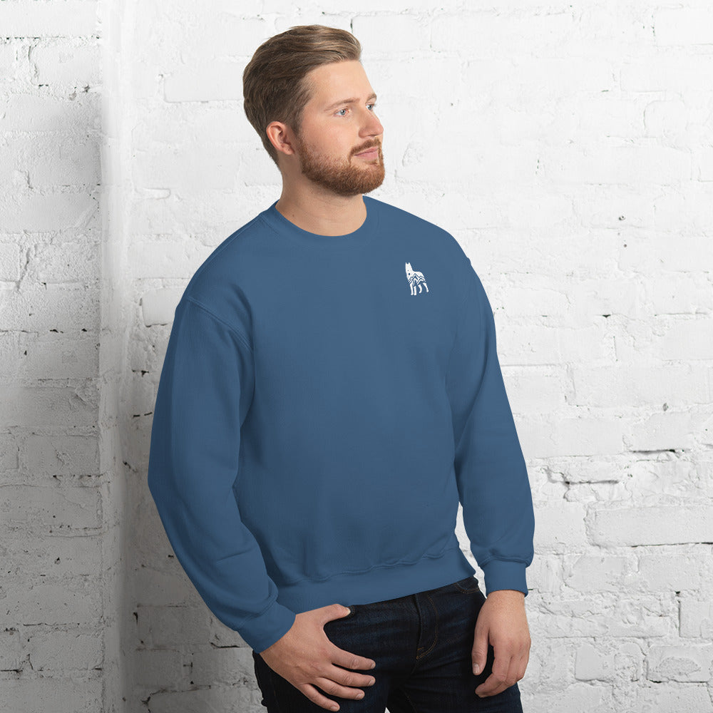 Indigo Blue sweatshirt featuring a small white embroidered wolf design on the left side of the chest—casual, cozy, and available in multiple colors except white.
