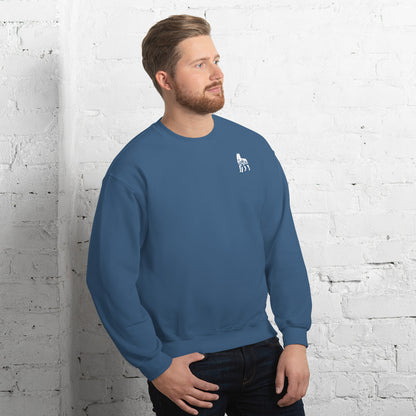 Indigo Blue sweatshirt featuring a small white embroidered wolf design on the left side of the chest—casual, cozy, and available in multiple colors except white.