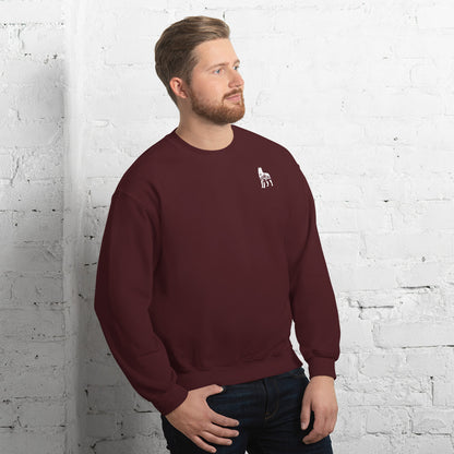 Maroon sweatshirt featuring a small white embroidered wolf design on the left side of the chest—casual, cozy, and available in multiple colors except white.