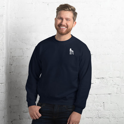 Black sweatshirt featuring a small white embroidered wolf design on the left side of the chest—casual, cozy, and available in multiple colors except white.