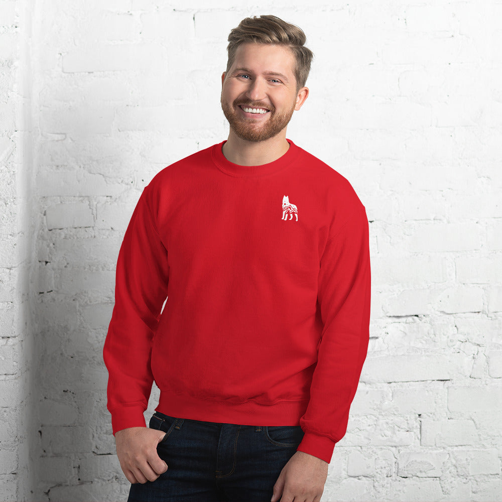 Red sweatshirt featuring a small white embroidered wolf design on the left side of the chest—casual, cozy, and available in multiple colors except white.