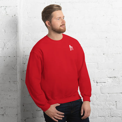 Red sweatshirt featuring a small white embroidered wolf design on the left side of the chest—casual, cozy, and available in multiple colors except white.