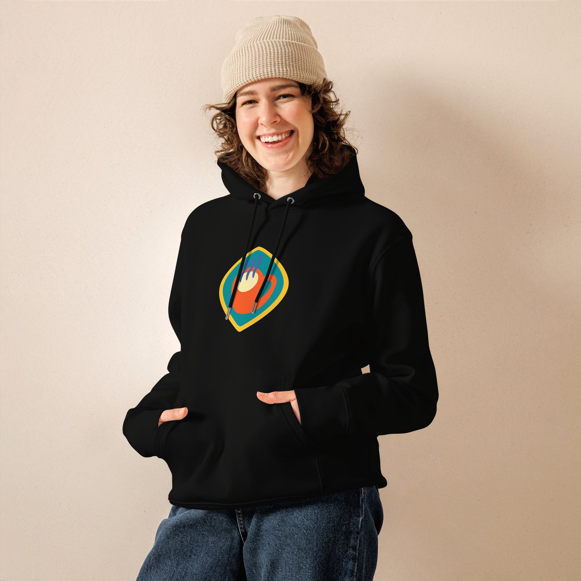 Unisex hoodie available in white, black, and navy blue, featuring a colorful hand logo design in red, orange, blue, green, and yellow, with a front pocket and adjustable metal-tipped drawstring hood—stylish, comfortable, and perfect for casual wear.