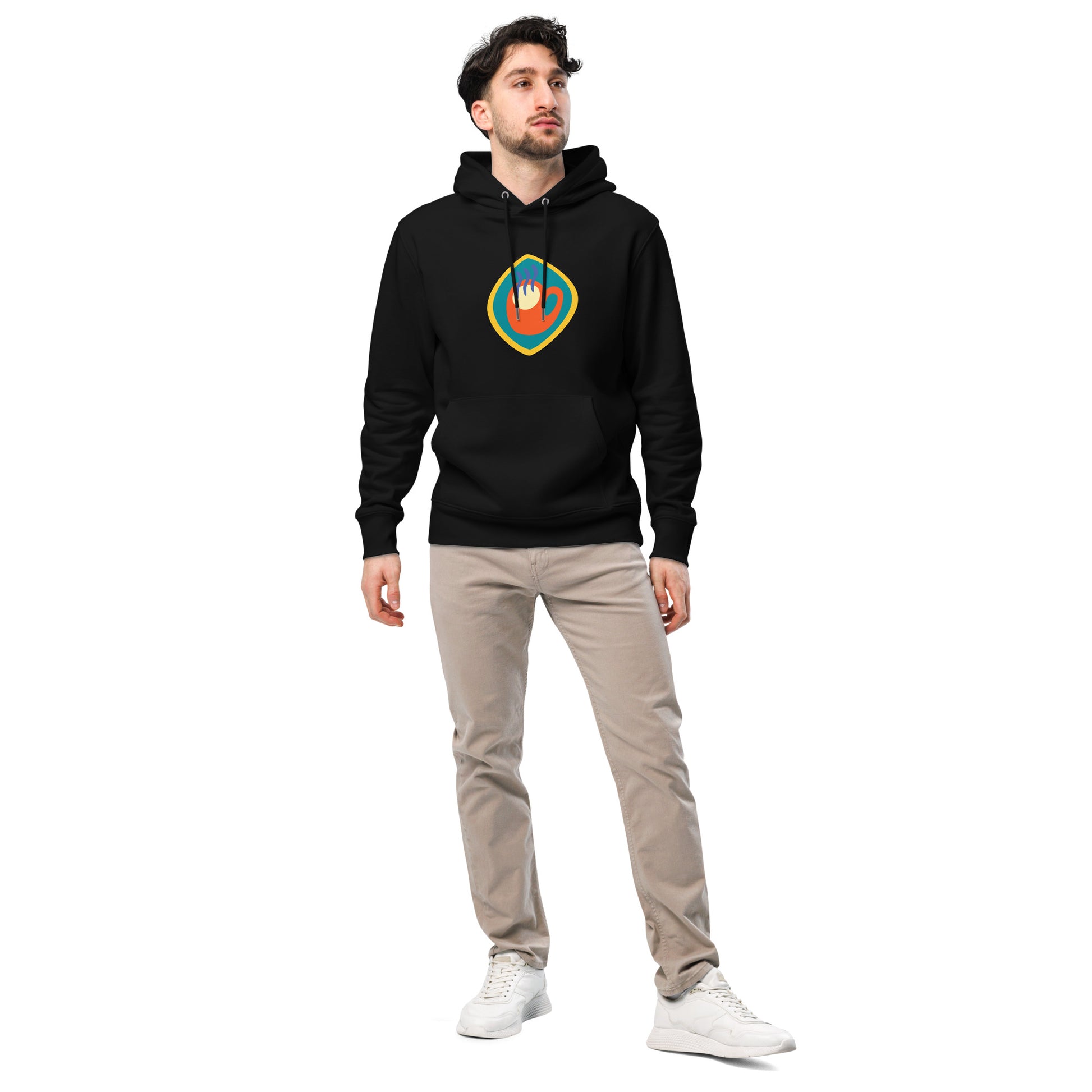 Unisex hoodie available in white, black, and navy blue, featuring a colorful hand logo design in red, orange, blue, green, and yellow, with a front pocket and adjustable metal-tipped drawstring hood—stylish, comfortable, and perfect for casual wear.