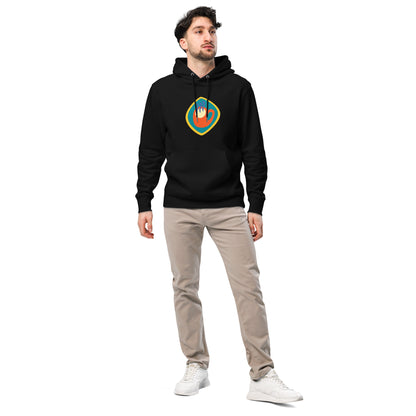Unisex hoodie available in white, black, and navy blue, featuring a colorful hand logo design in red, orange, blue, green, and yellow, with a front pocket and adjustable metal-tipped drawstring hood—stylish, comfortable, and perfect for casual wear.