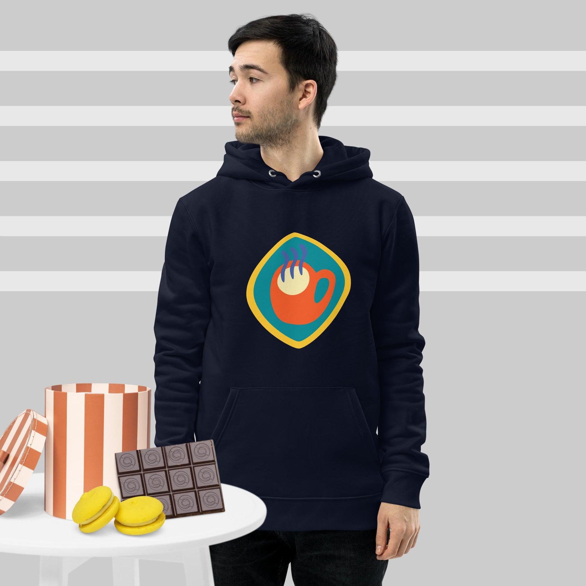 Unisex hoodie available in white, black, and navy blue, featuring a colorful hand logo design in red, orange, blue, green, and yellow, with a front pocket and adjustable metal-tipped drawstring hood—stylish, comfortable, and perfect for casual wear.