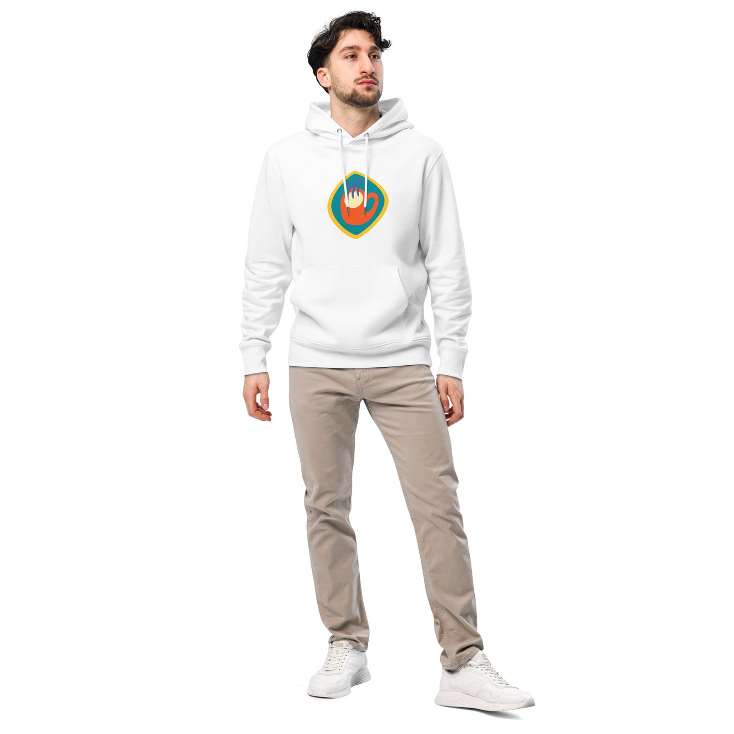 Unisex hoodie available in white, black, and navy blue, featuring a colorful hand logo design in red, orange, blue, green, and yellow, with a front pocket and adjustable metal-tipped drawstring hood—stylish, comfortable, and perfect for casual wear.