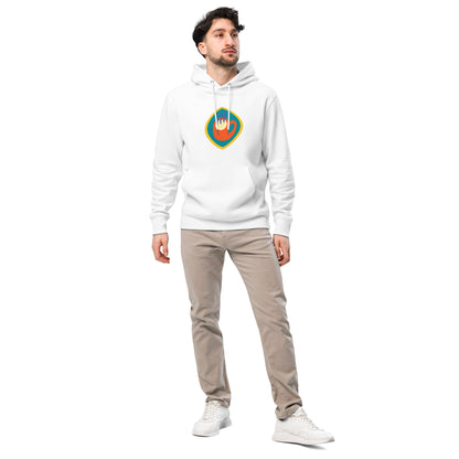 Unisex hoodie available in white, black, and navy blue, featuring a colorful hand logo design in red, orange, blue, green, and yellow, with a front pocket and adjustable metal-tipped drawstring hood—stylish, comfortable, and perfect for casual wear.