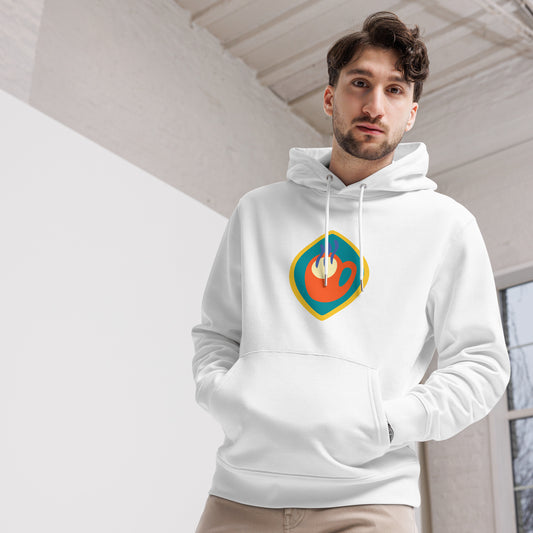 Unisex hoodie available in white, black, and navy blue, featuring a colorful hand logo design in red, orange, blue, green, and yellow, with a front pocket and adjustable metal-tipped drawstring hood—stylish, comfortable, and perfect for casual wear.
