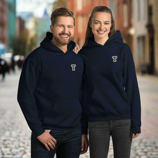 Two people wearing navy blue hoodies featuring an embroidered letter ‘T’ on the left chest, standing close together with arms around each other—modern, stylish, and available in black, white, and grey.