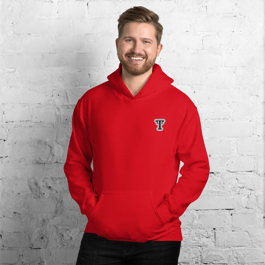 Red hoodie featuring an embroidered letter ‘T’ on the left chest, worn against a white brick wall—modern, stylish, and available in black, navy, and deep grey.