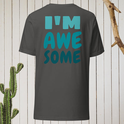 Dark gray t-shirt featuring a geometric bird design with a red head and teal-green body on the front, and bold blue text reading ‘I’M AWESOME’ on the back—stylish, artistic, and perfect for casual wear.
