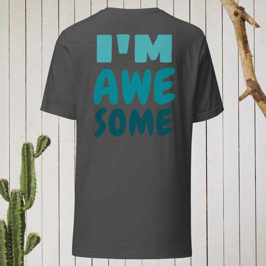 Dark gray t-shirt featuring a geometric bird design with a red head and teal-green body on the front, and bold blue text reading ‘I’M AWESOME’ on the back—stylish, artistic, and perfect for casual wear.
